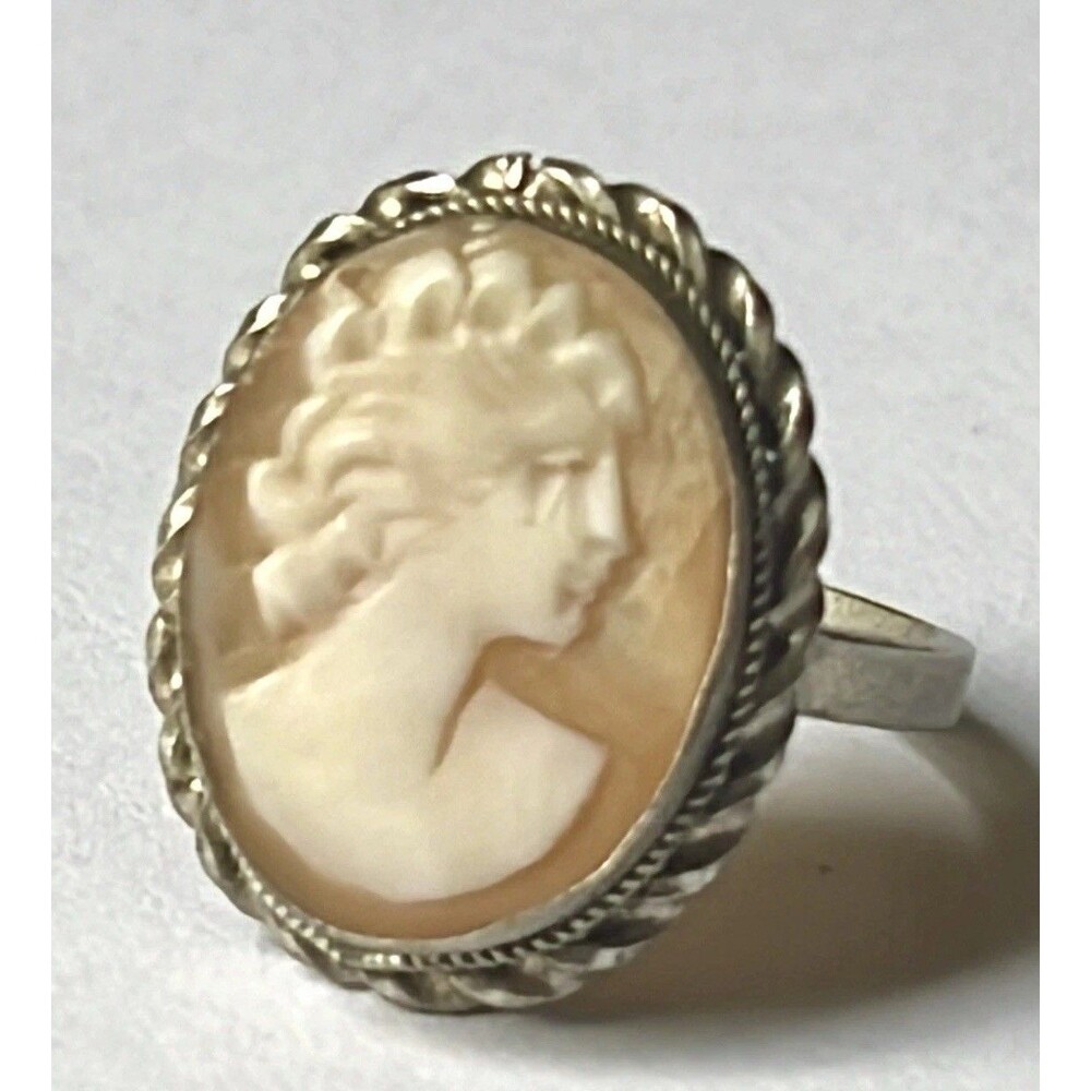 Vintage 800 Silver Shell Cameo Ring Goddess Profile Oval Size 6.5 Italy